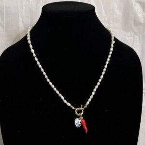 Fresh water pear Chain Necklace with Gold Red Charm Pendant Costume Jewelry